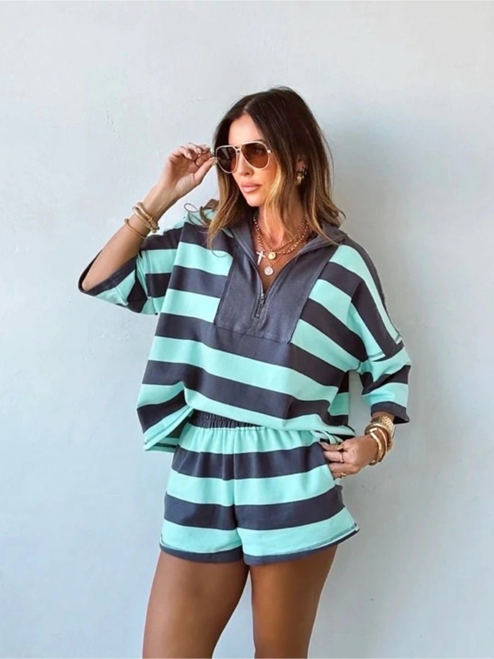 NWT Out of Office Set Striped Two-Piece Set in Blue & Gray